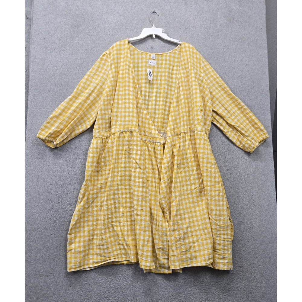 Old Navy Women Dress 3X Yellow Plaid Gingham Waist Defined Midi Wrap NWT